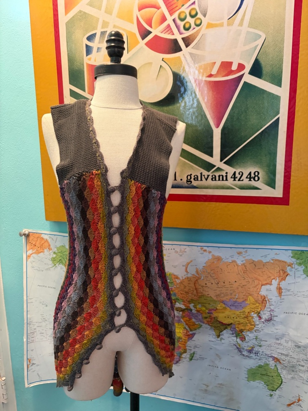 Forever 21 Multicolor Crochet V-Neck Vest with Gray Trim